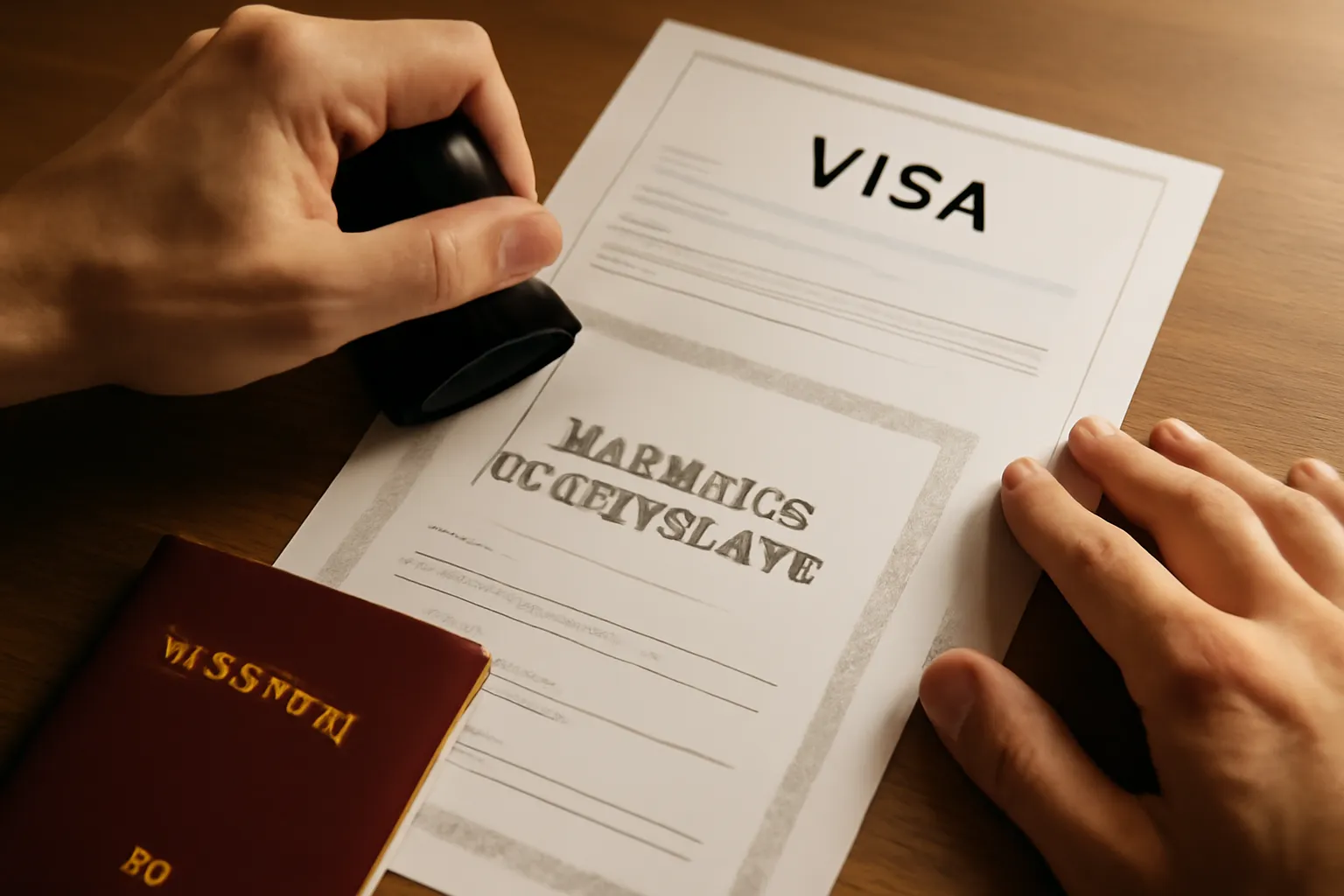 Mains organisant des documents officiels de visa et un acte de mariage sur un bureau en bois
