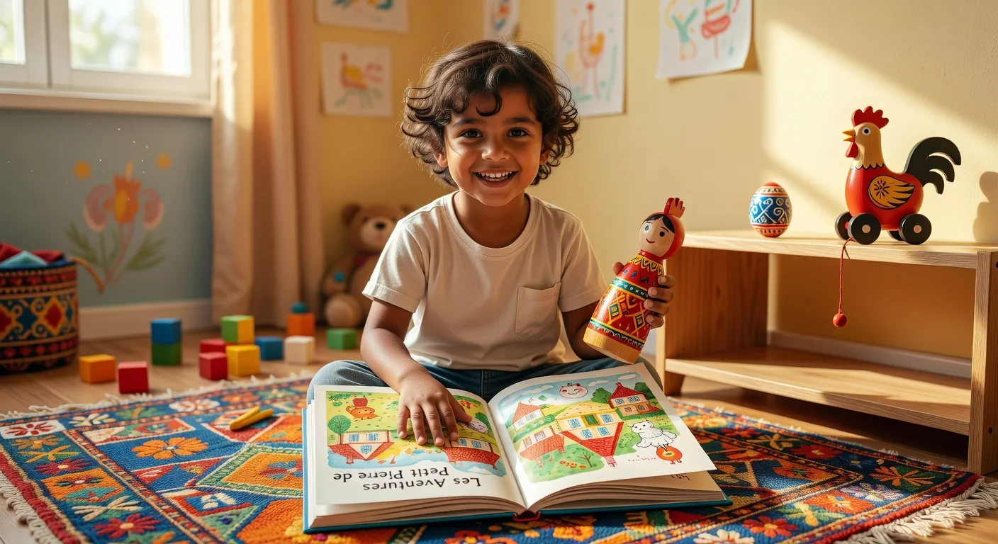 Enfant jouant avec des objets des deux cultures