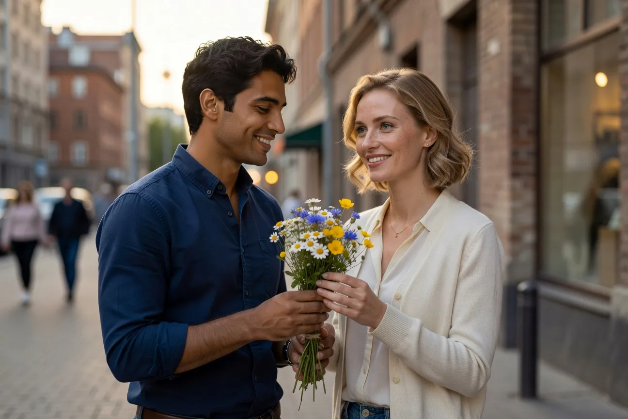 Couple interculturel échangeant un cadeau symbolique, expression d'amour culturelle