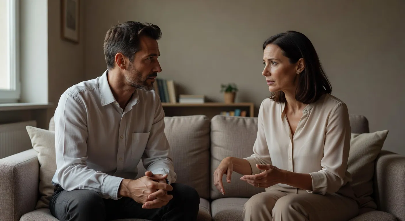 Couple en tension mais en dialogue, ambiance thérapeutique