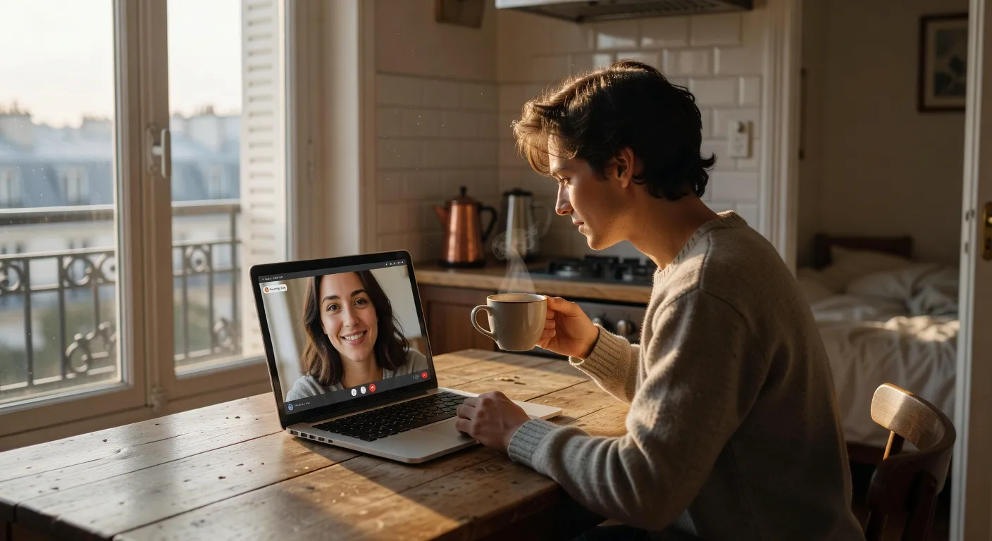 Café du matin devant un écran en visio avec son partenaire à distance