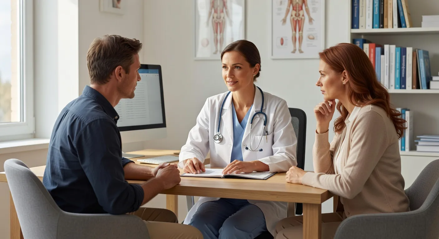 Médecin en consultation avec un couple interculturel dans un cabinet chaleureux