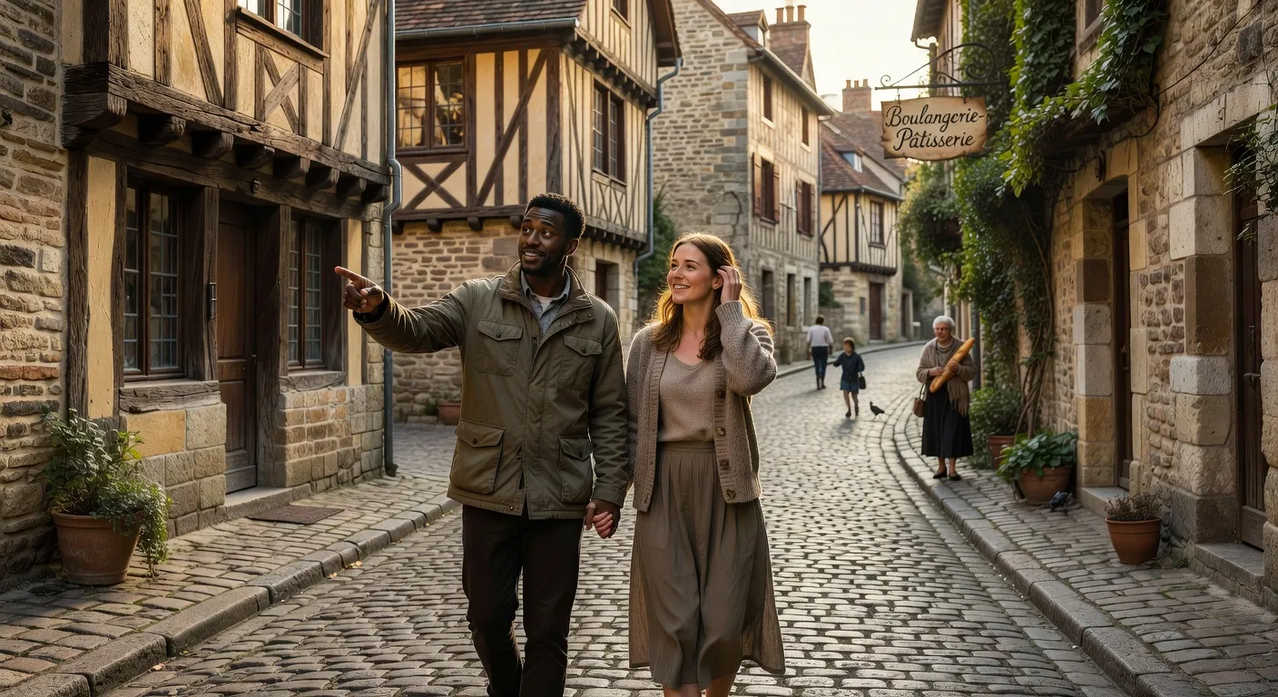 Couple mixte explorant une ville europeenne ensemble, decouverte culturelle