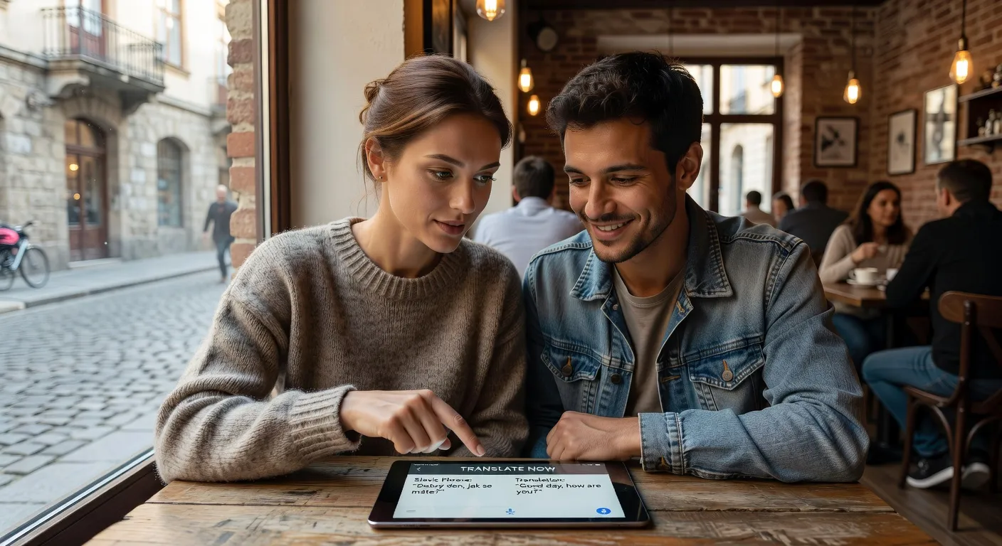 Couple utilisant une tablette pour la traduction dans un cafe