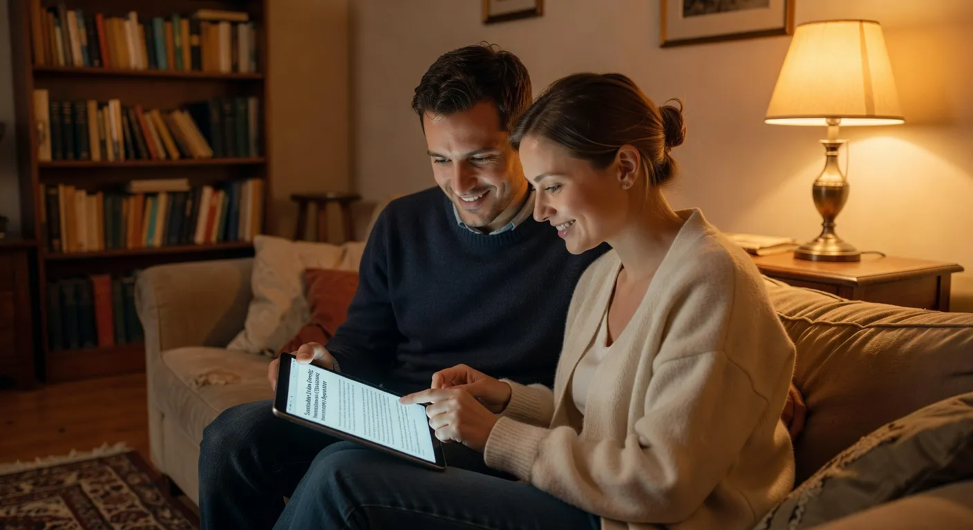 Couple lisant ensemble des articles sur la communication amoureuse