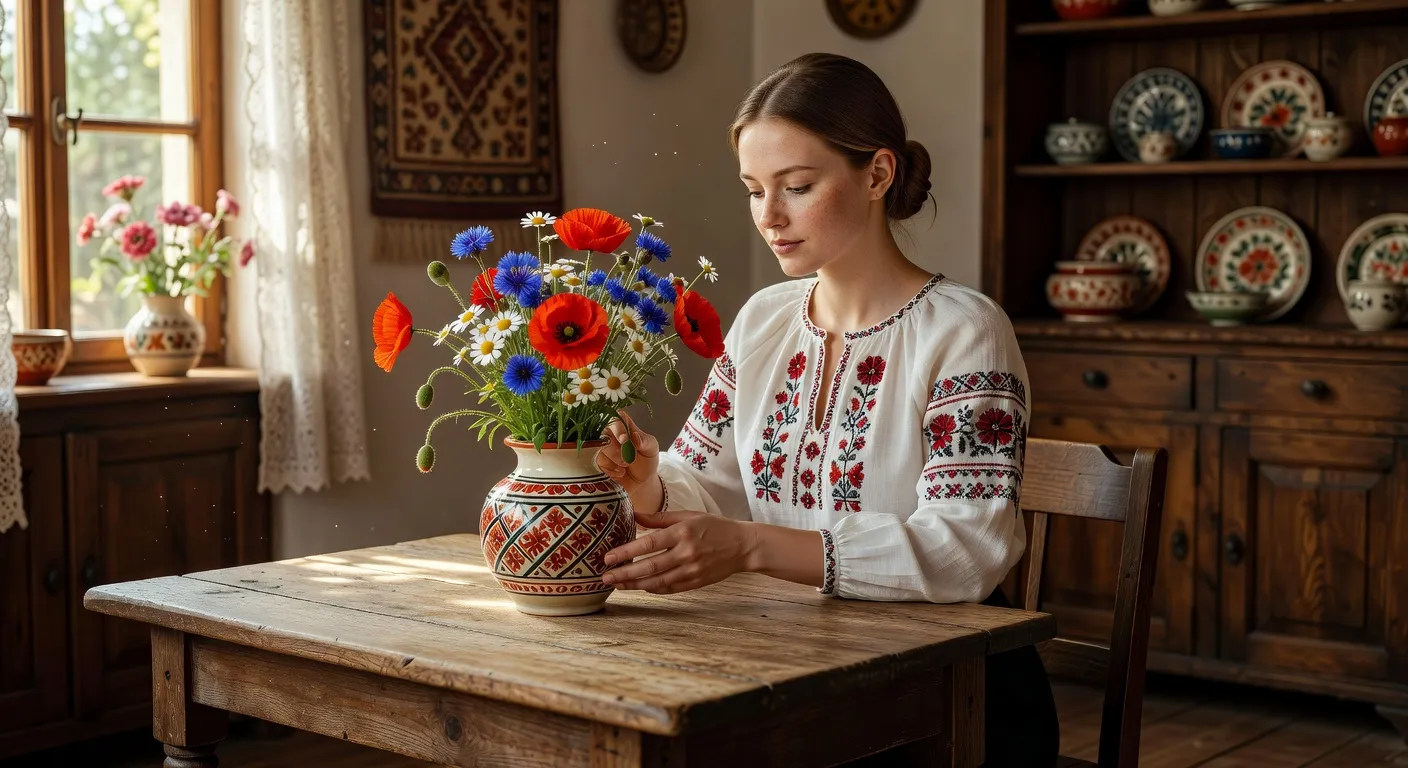 Femme slave arrangeant des fleurs dans un vase traditionnel