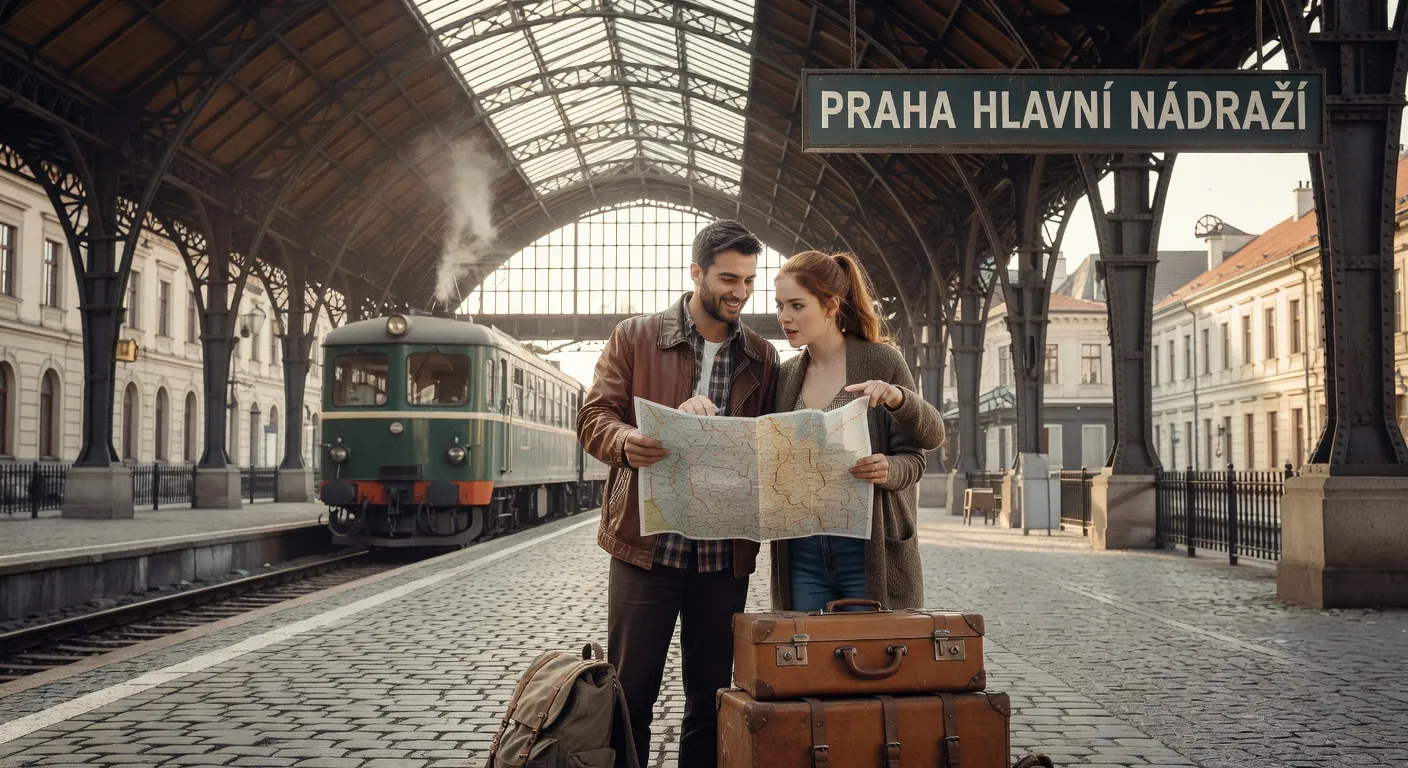 Couple consultant une carte sur un quai de gare europeenne