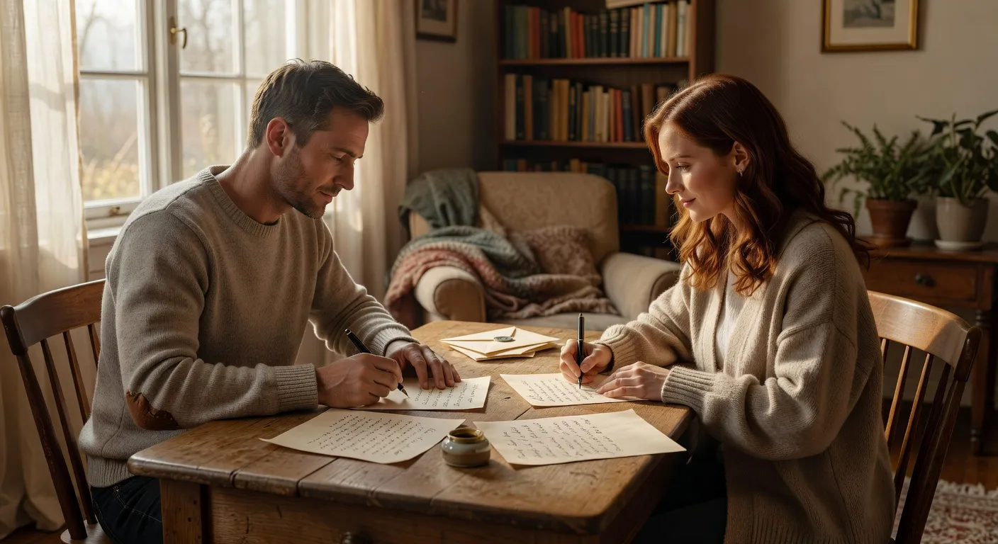 Couple ecrivant des lettres a un bureau partage, communication ecrite