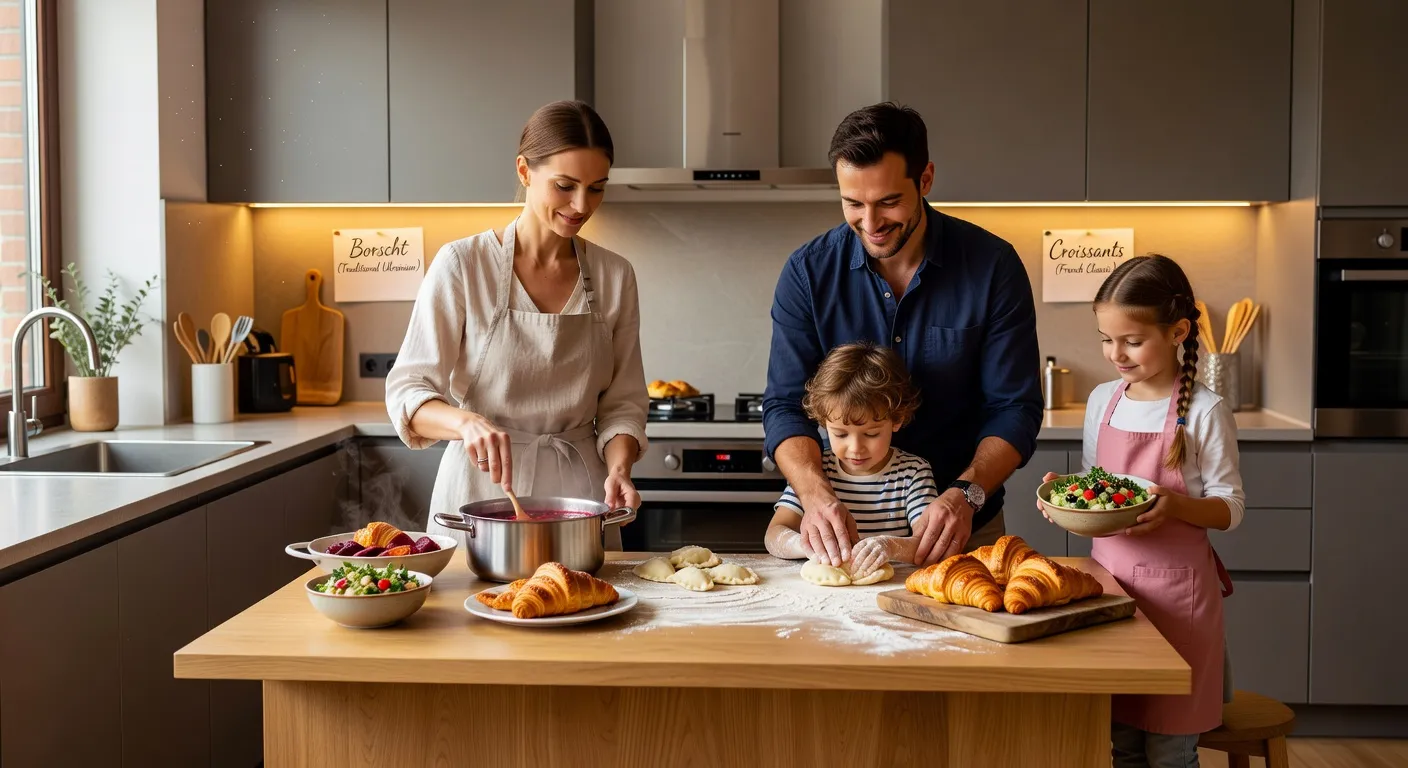 Couple cuisinant ensemble des plats de deux traditions culinaires differentes
