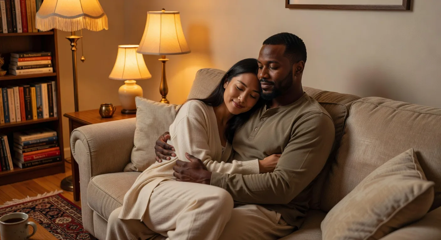 Couple enlacé, ambiance de confiance et sécurité émotionnelle