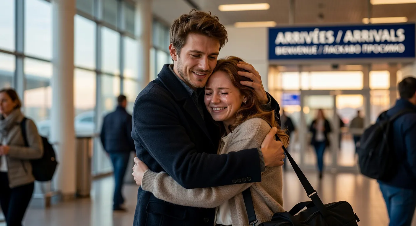 Embrassade à l'aéroport, couple interculturel après une longue séparation