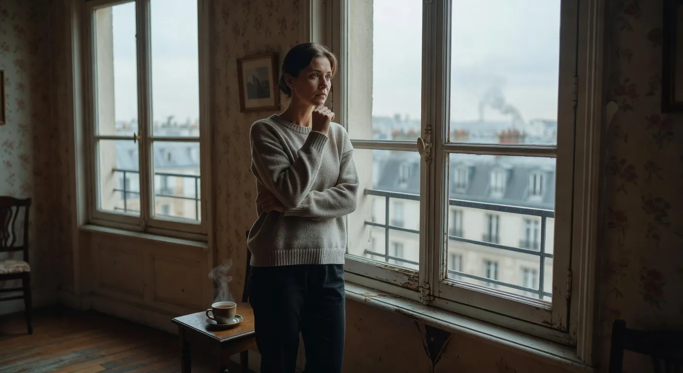 Femme slave en France regardant par la fenêtre, ambiance de réflexion intérieure