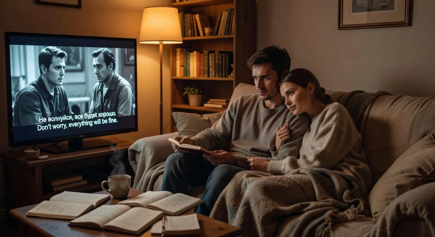 Couple pratiquant le russe ensemble devant un film en VO