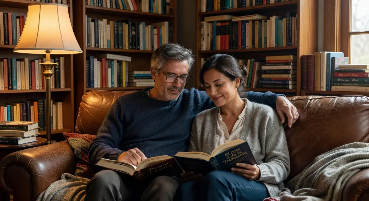 Couple bilingue lisant un livre ensemble dans les deux langues