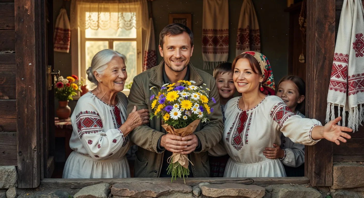 Couple rendant visite a la famille en Ukraine, accueil chaleureux