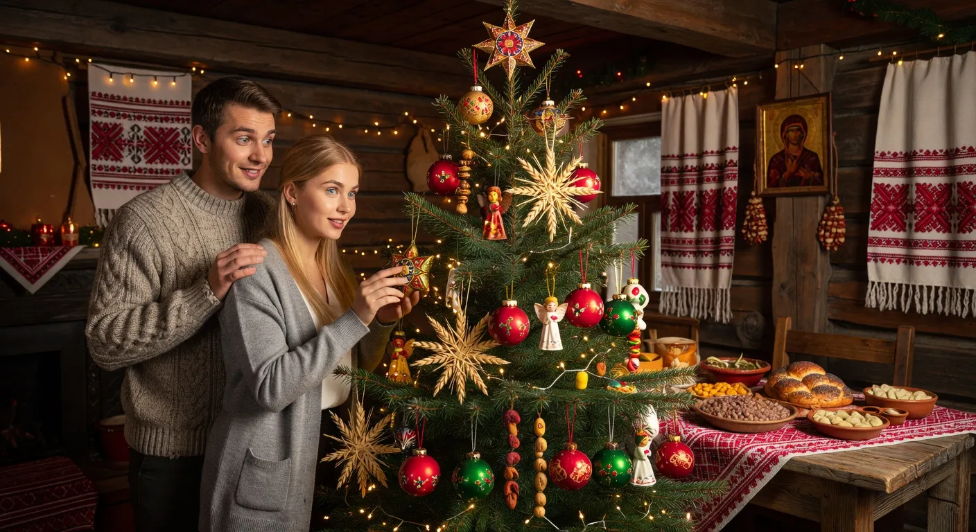 Couple decouvrant ensemble les traditions de Noel orthodoxe