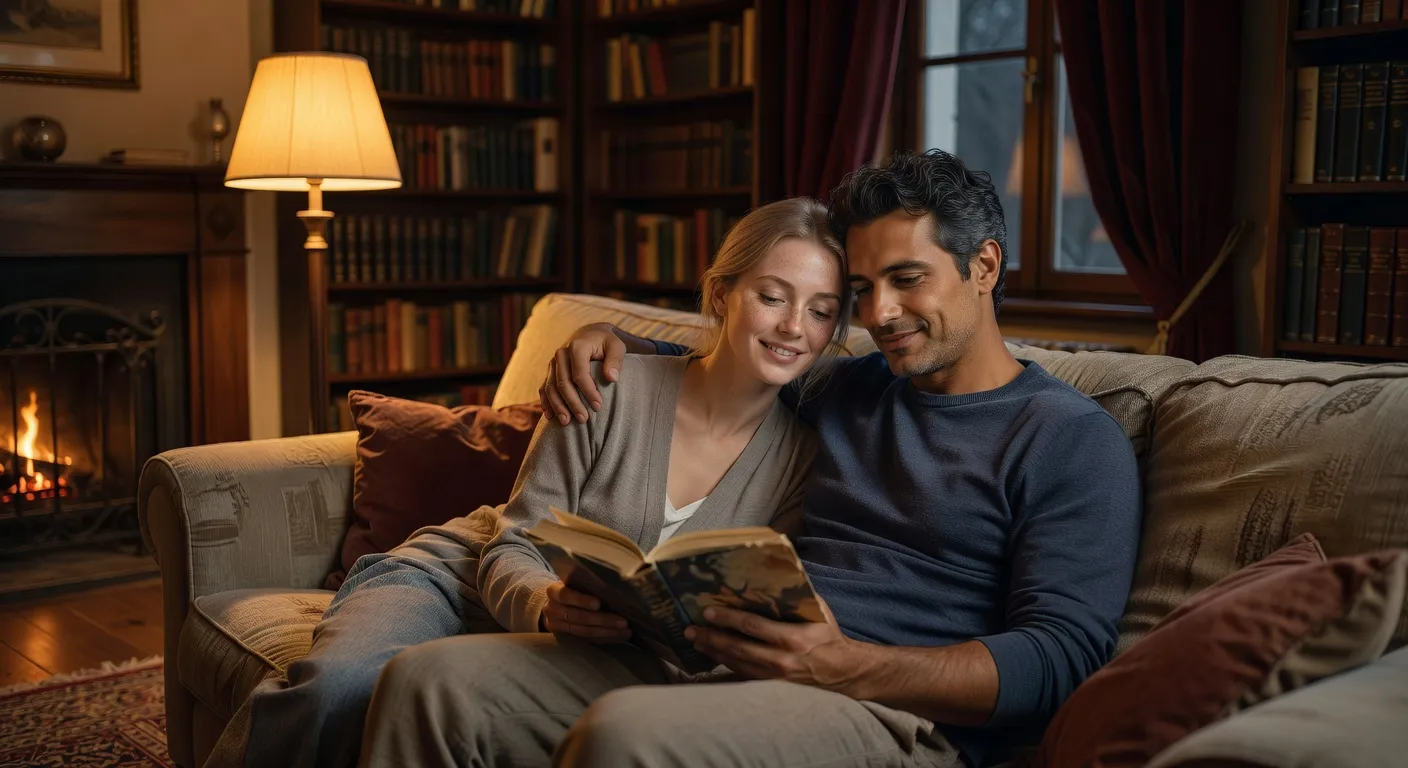 Couple mixte lisant ensemble sur un canape, moment de complicite quotidienne