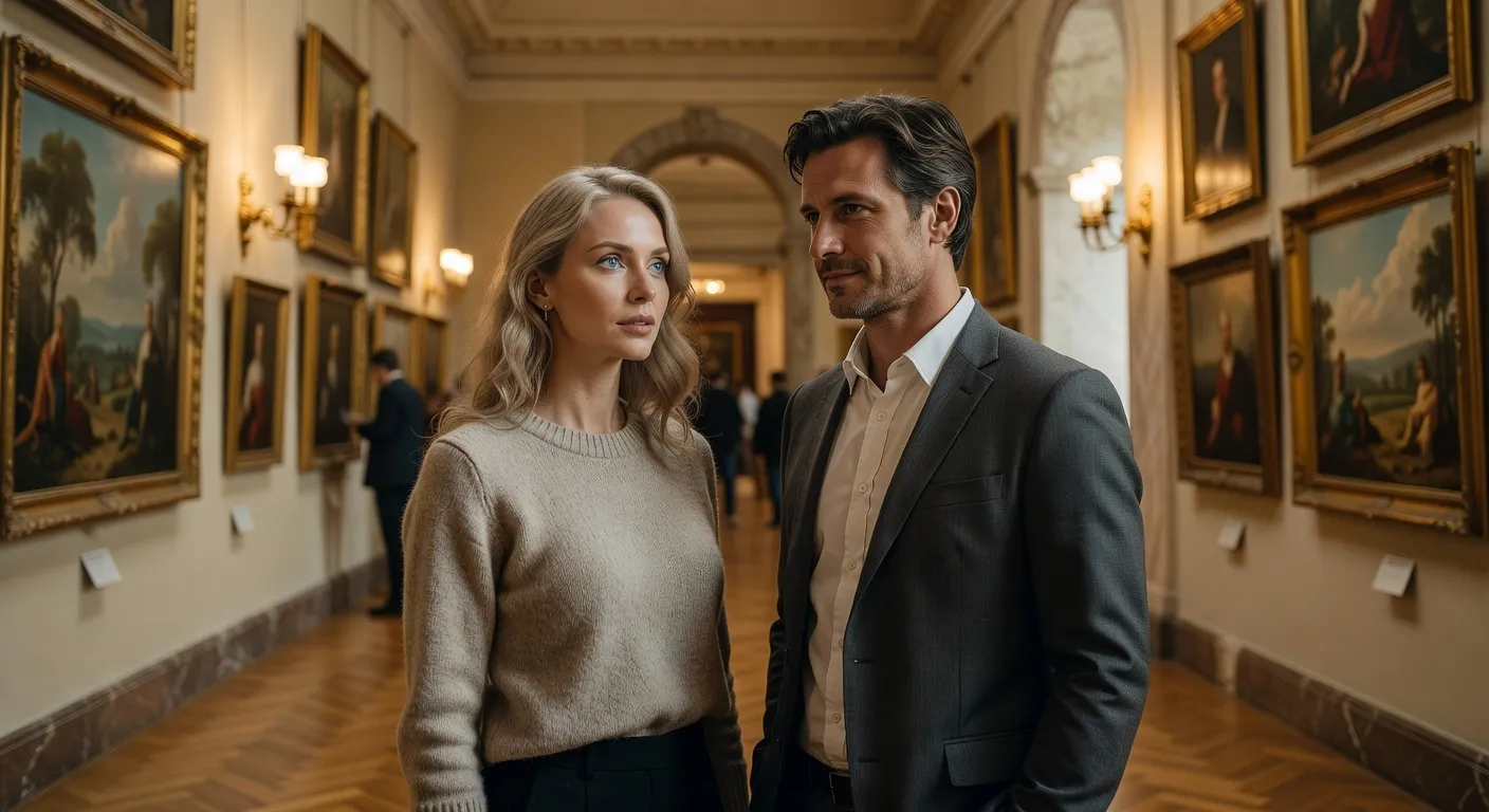 Regards echanges entre partenaires dans un musee, complicite silencieuse