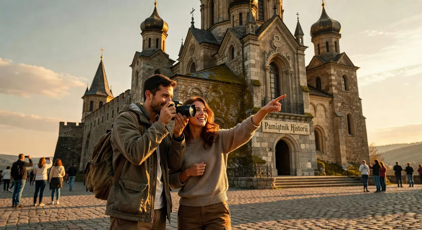 Couple photographiant un monument historique ensemble en voyage