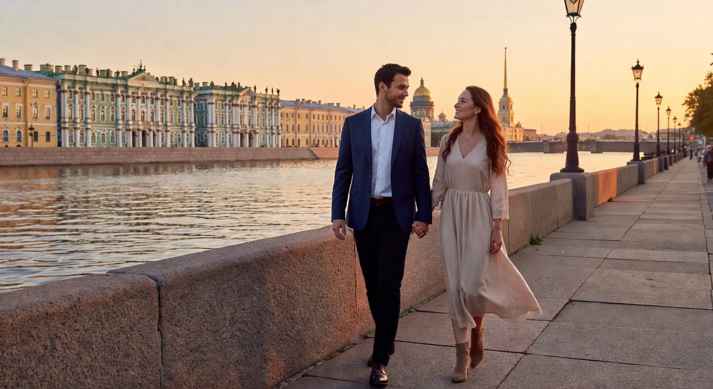 Couple franco-russe se promenant dans les rues de Saint-Petersbourg