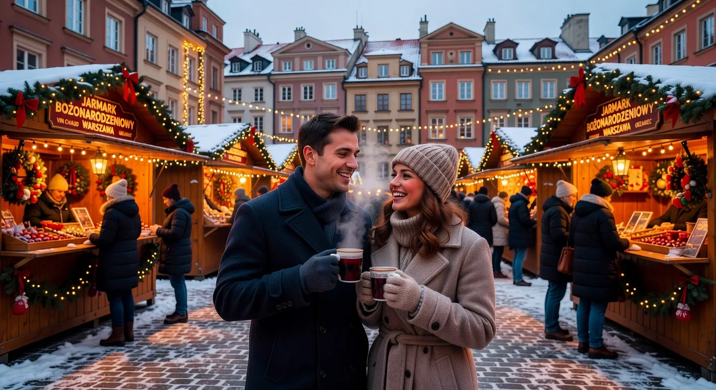 Couple franco-polonais visitant un marche de Noel a Varsovie