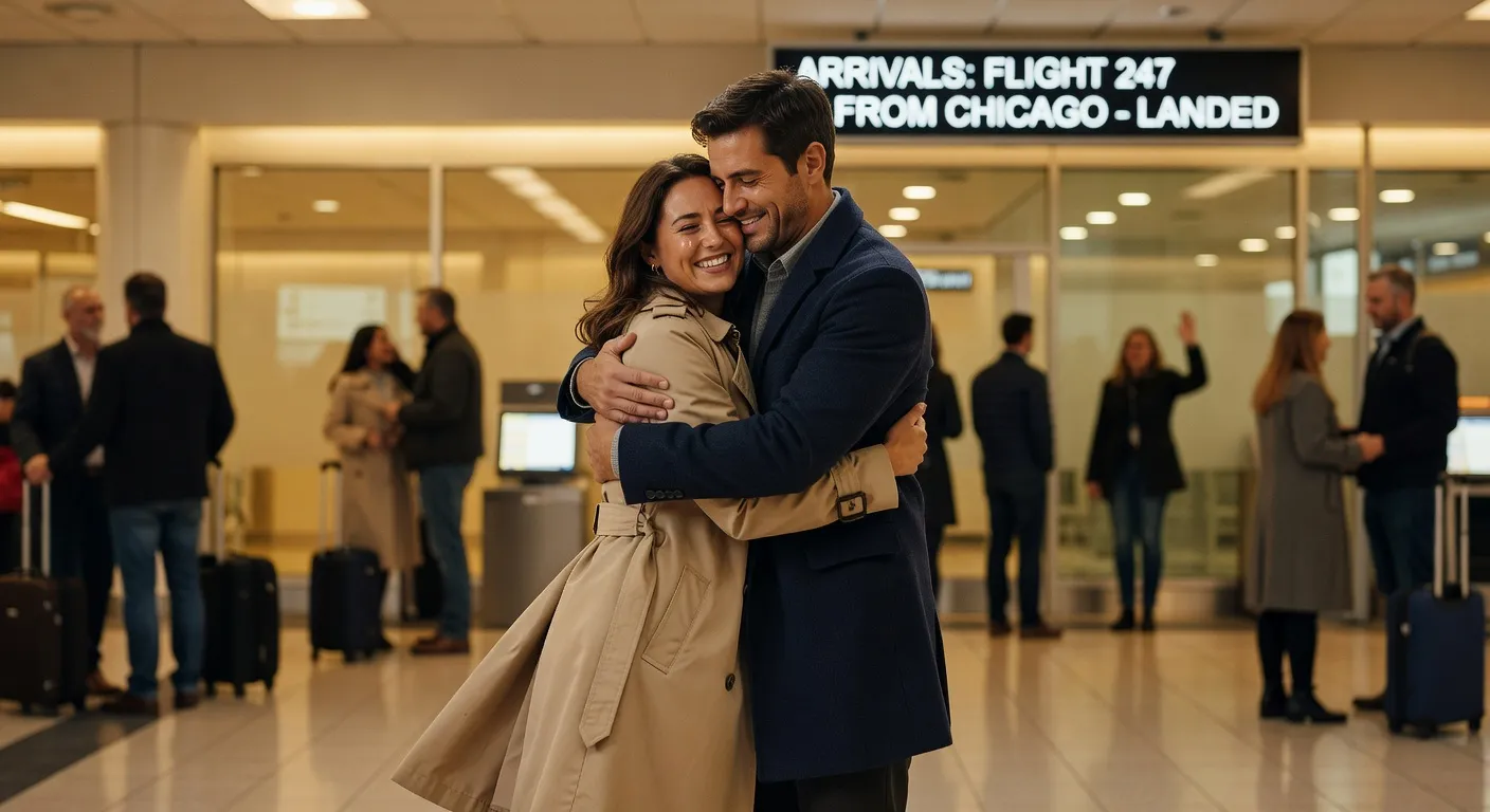 Couple se retrouvant a l'aeroport, moment de joie et d'emotion