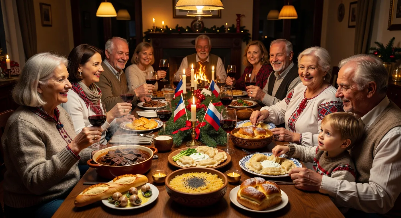 Famille mixte partageant un repas de fete entre traditions francaises et slaves