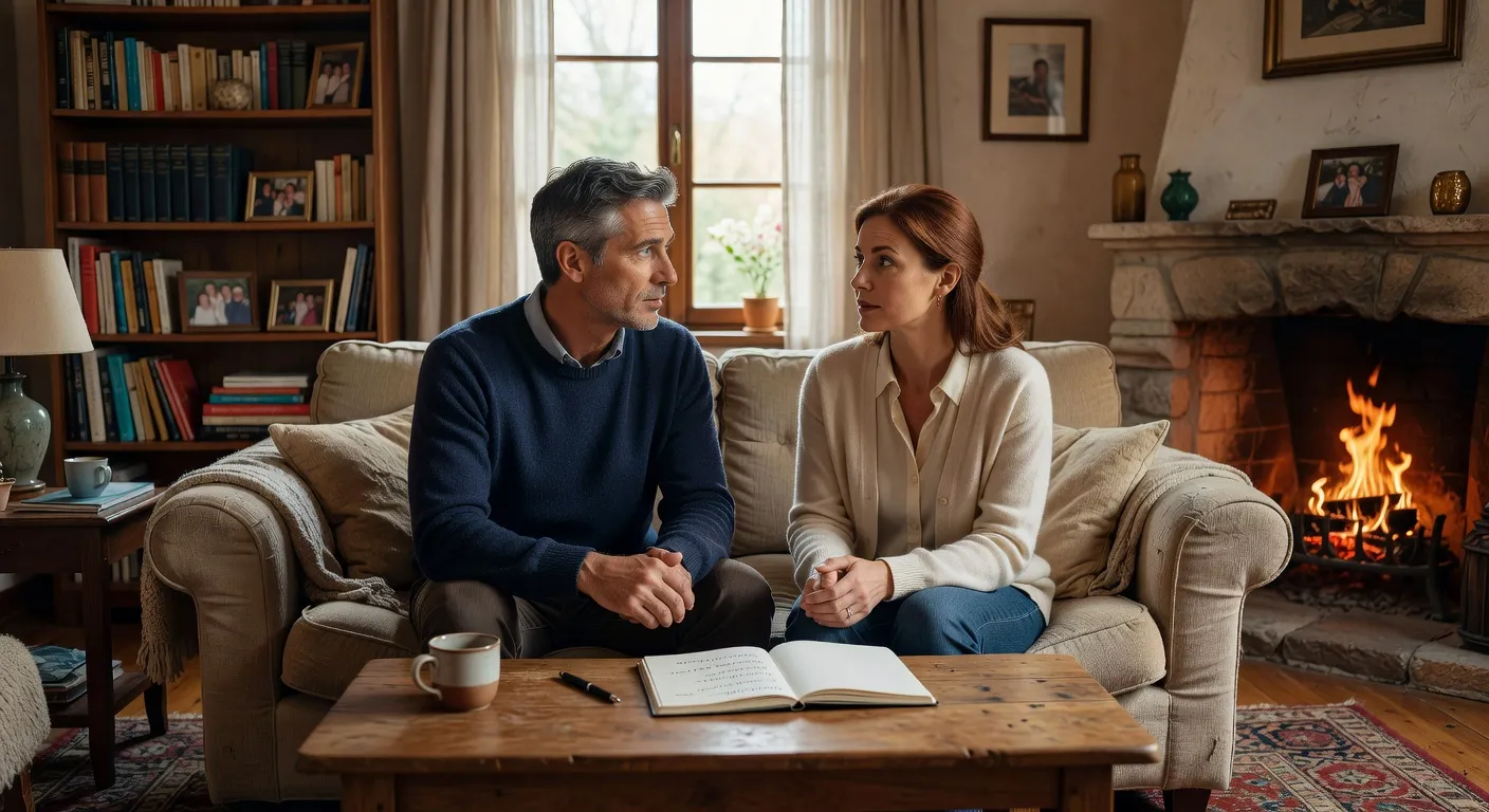 Couple pratiquant un exercice d'ecoute active dans leur salon