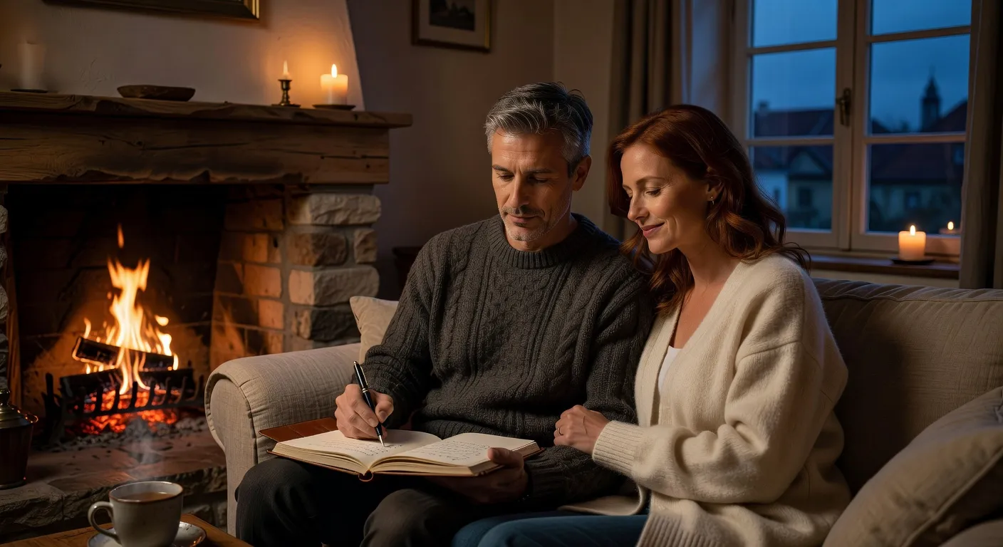 Couple ecrivant ensemble dans un carnet de gratitude au coin du feu