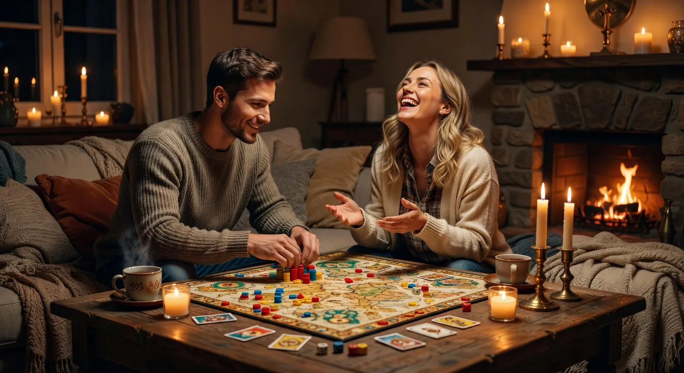 Couple jouant ensemble a un jeu de societe lors d'une soiree cozy