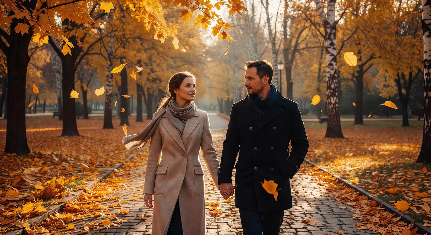 Couple marchant main dans la main dans un parc europeen en automne