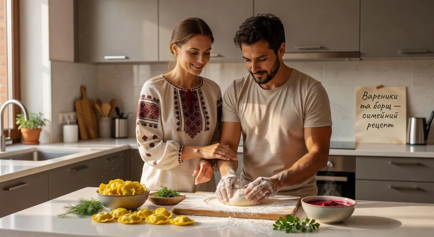 Couple mixte preparant ensemble un repas traditionnel ukrainien