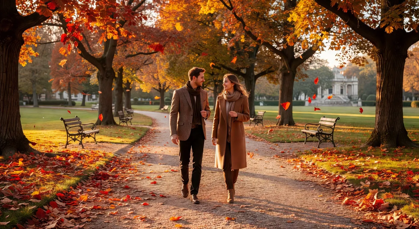 Couple marchant ensemble dans un parc en automne apres un premier rendez-vous