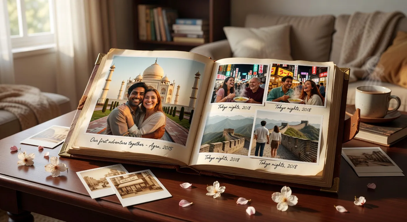 Album photo de couple interculturel avec souvenirs de voyages