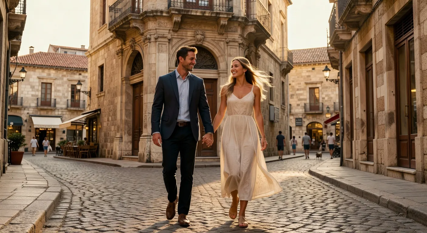 Couple souriant apres une seance de therapie, marchant main dans la main