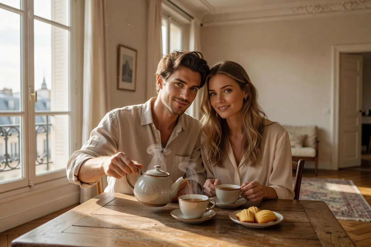 Couple franco-slave échangeant un sourire complice dans une cuisine chaleureuse