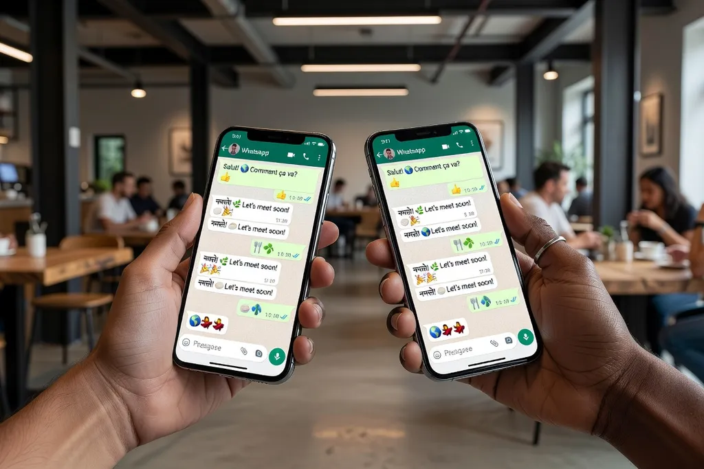 Mains de deux personnes tenant des smartphones avec conversation WhatsApp et emojis interculturels