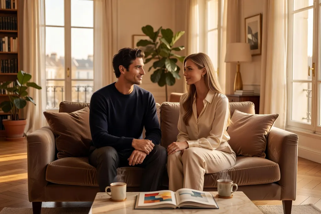 Couple franco-slave se regardant avec confiance et sérénité dans un salon chaleureux