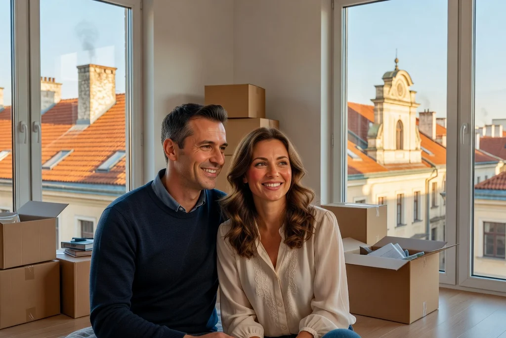 Couple franco-slave souriant avec des cartons de déménagement dans un appartement lumineux de Cracovie