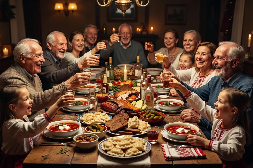 Grande tablée de fête slave multigénérationnelle avec toasts et nourriture slave, ambiance conviviale