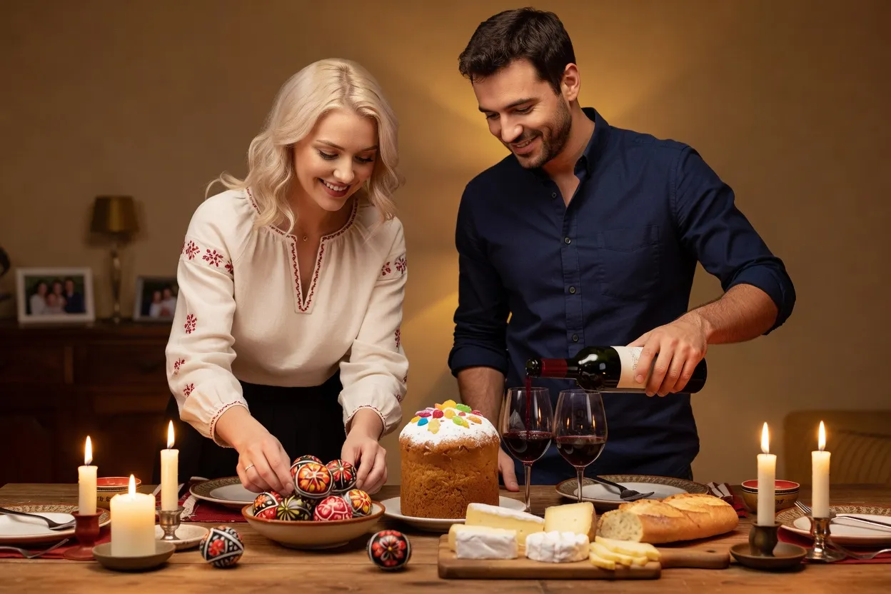 Couple franco-slave préparant une table de fête avec des plats traditionnels russes et français