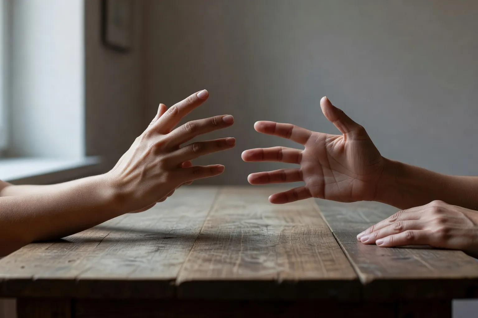 Deux paires de mains se rencontrant au-dessus d'une table en bois, une faisant un geste français et l'autre un geste slave
