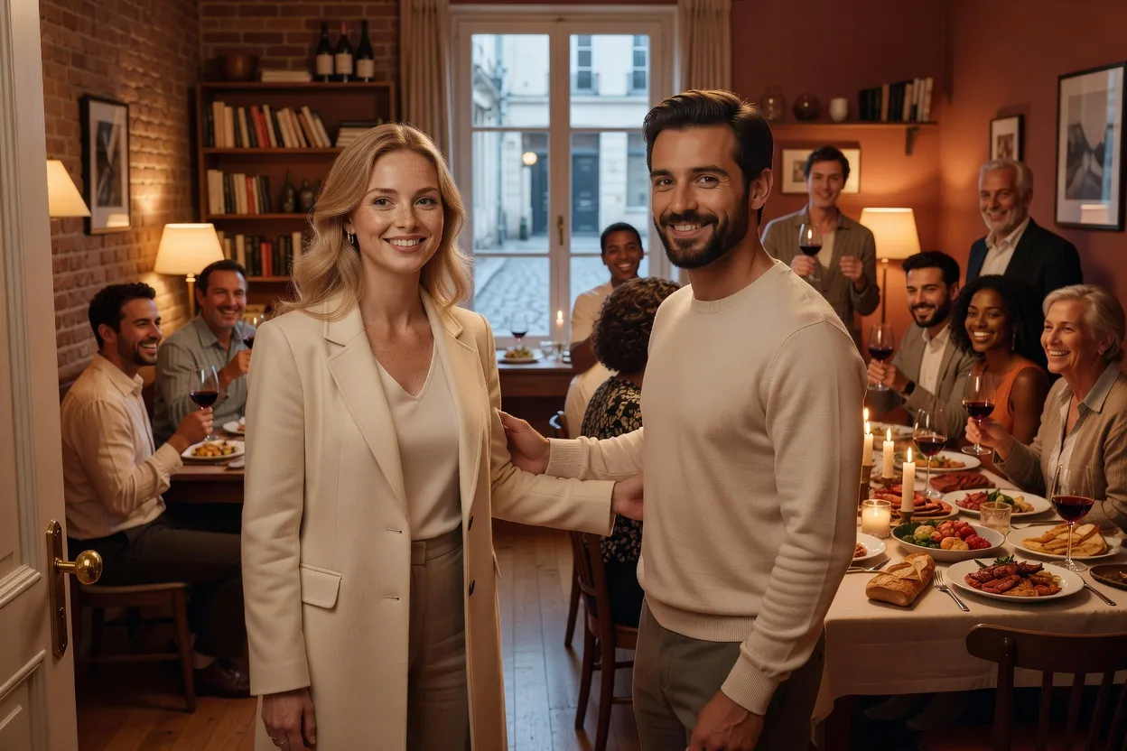 Couple interculturel franco-slave présenté à des amis français autour d'un dîner convivial
