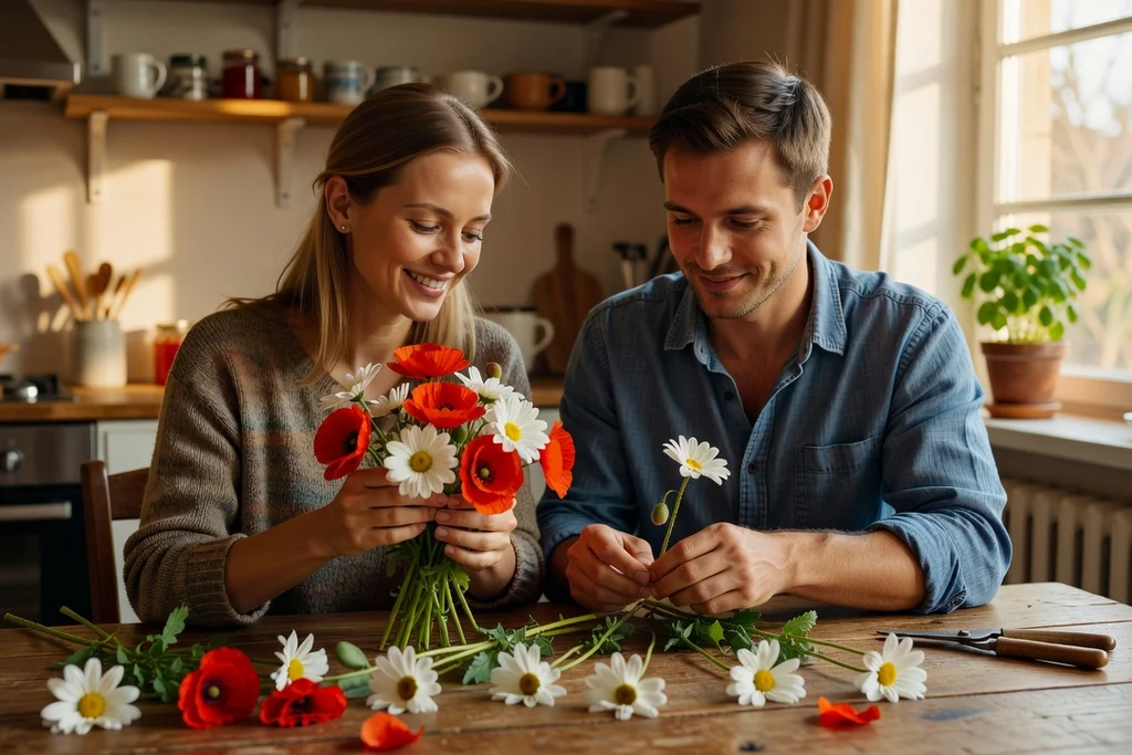 Couple franco-slave composant ensemble un bouquet de fleurs en nombre impair dans une cuisine lumineuse