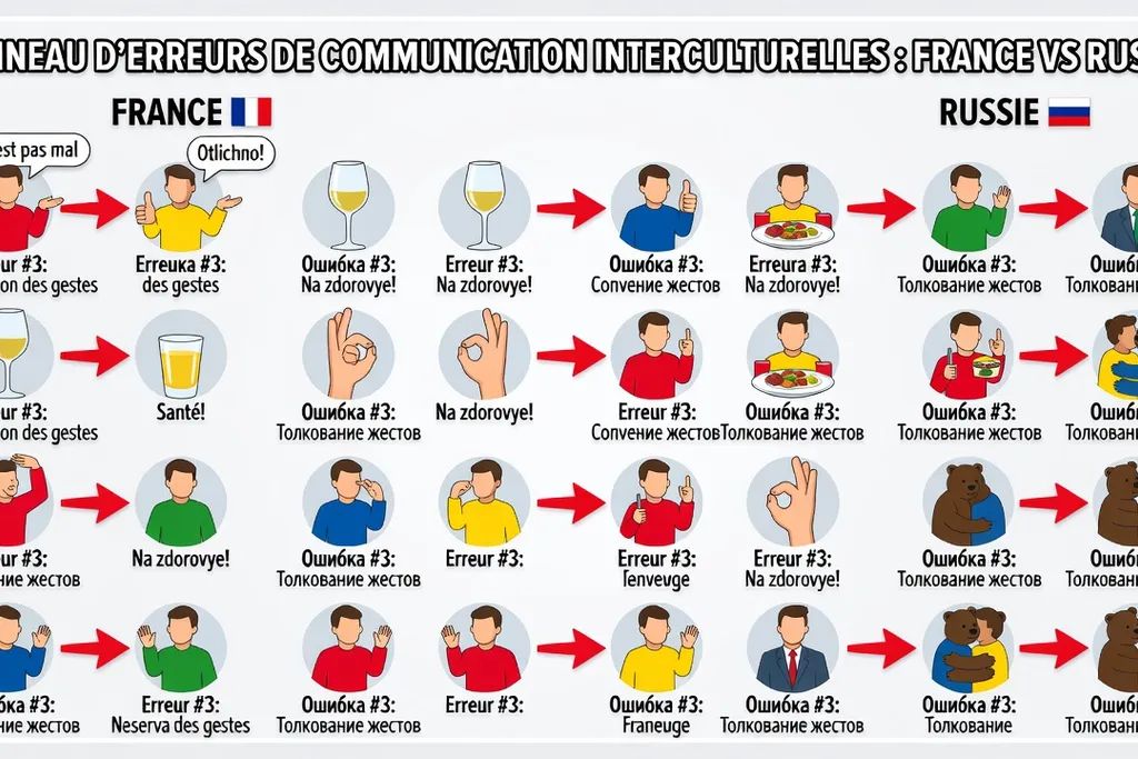 Panneau de signalisation interculturel avec 15 pictogrammes d'erreurs de communication France vs Russie