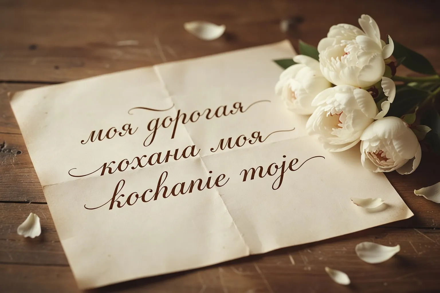 Lettre d'amour calligraphiée en russe, ukrainien et polonais avec un petit bouquet de pivoines blanches