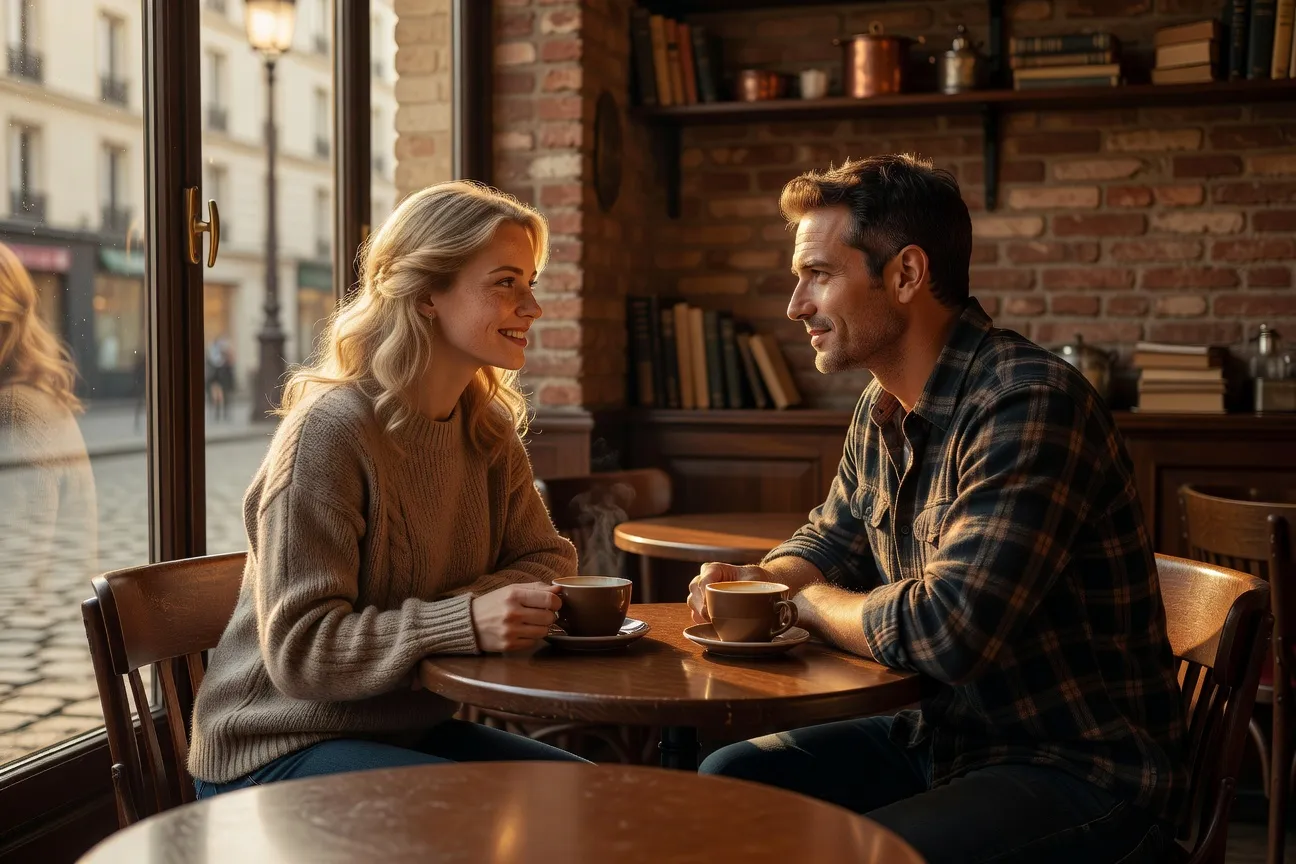 Couple interculturel en conversation dans un cafe parisien - Ecoutez-Voir