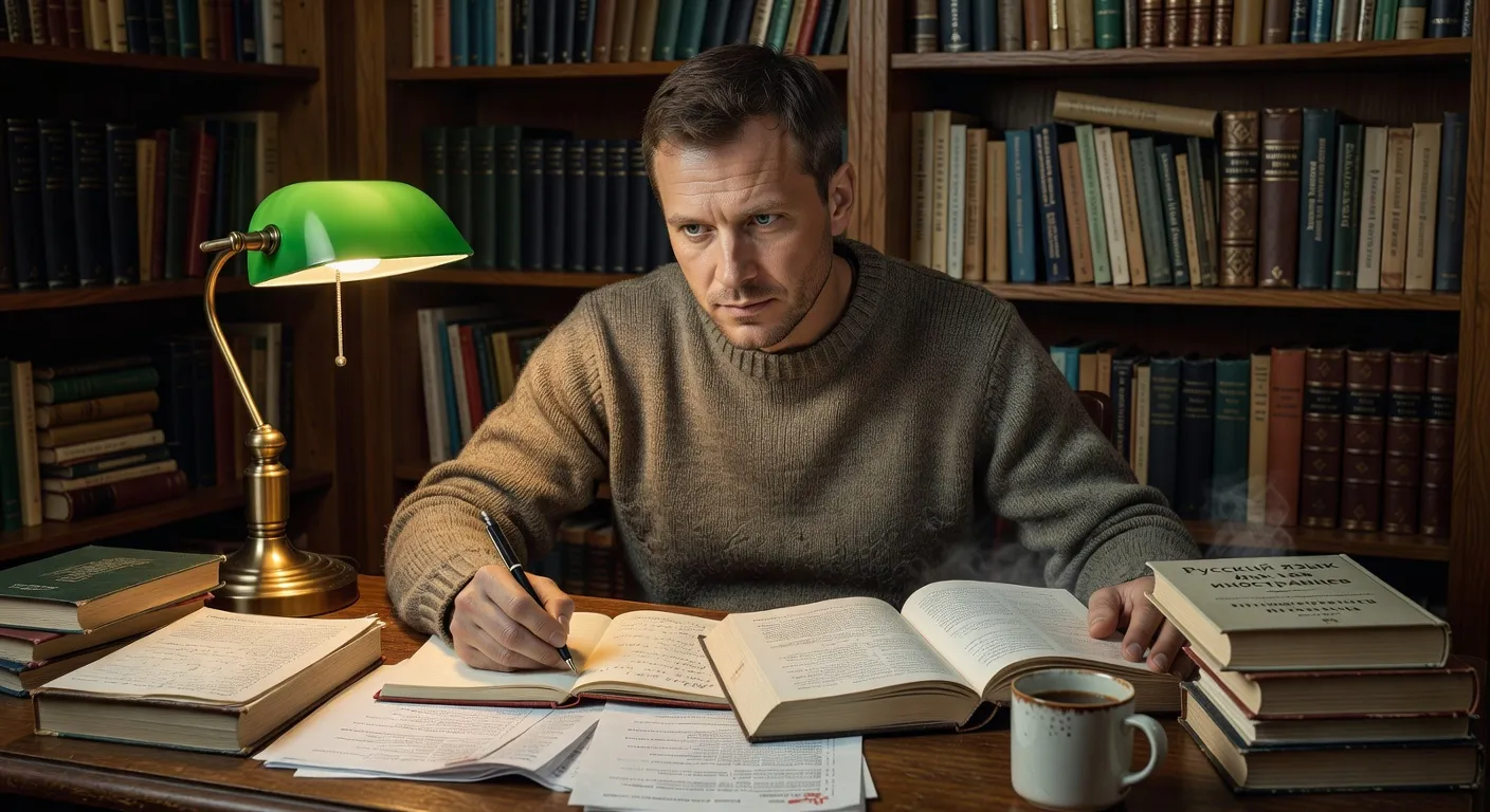 Homme occidental etudiant le russe avec des livres et un cahier