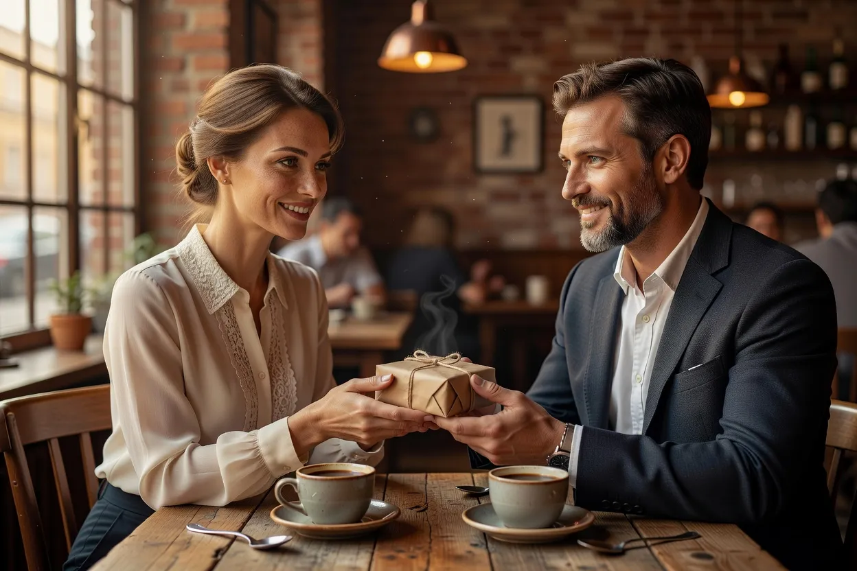 Couple franco-slave échangeant un petit cadeau enveloppé à une table de café