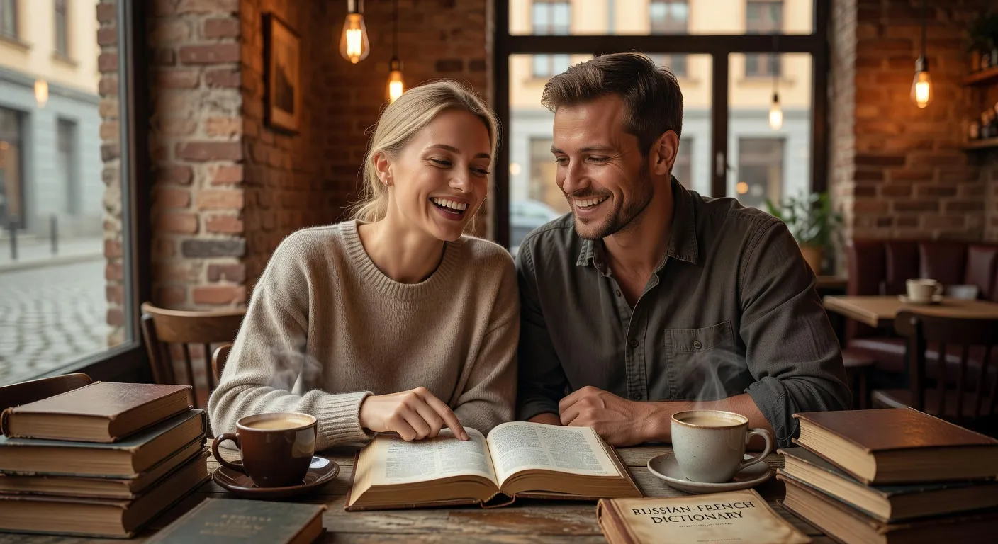 Couple consultant un dictionnaire ensemble dans un cafe - barriere de la langue couple | Ecoutez-Voir